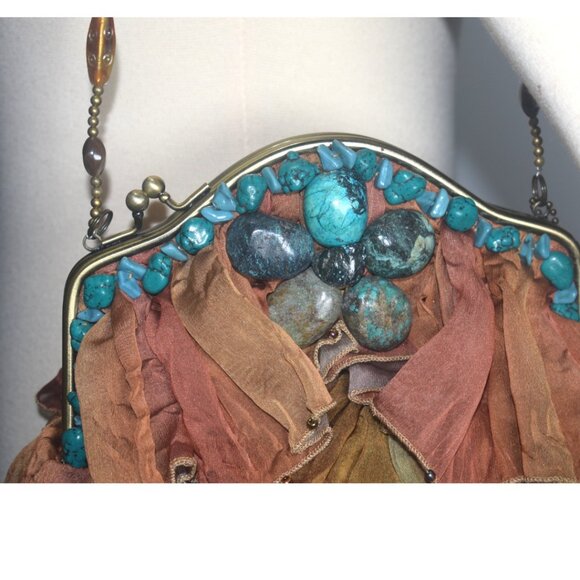 Mary Frances Shoulder Bag Purse Rock My Soul Boho Turquoise Silk Ruffle Beaded - Picture 5 of 11
